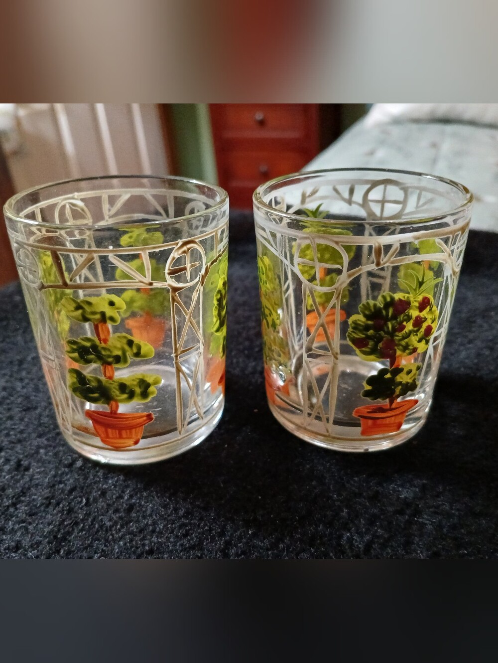 Lot of Two Hand Painted Glass Votive Candle Holders Topiary